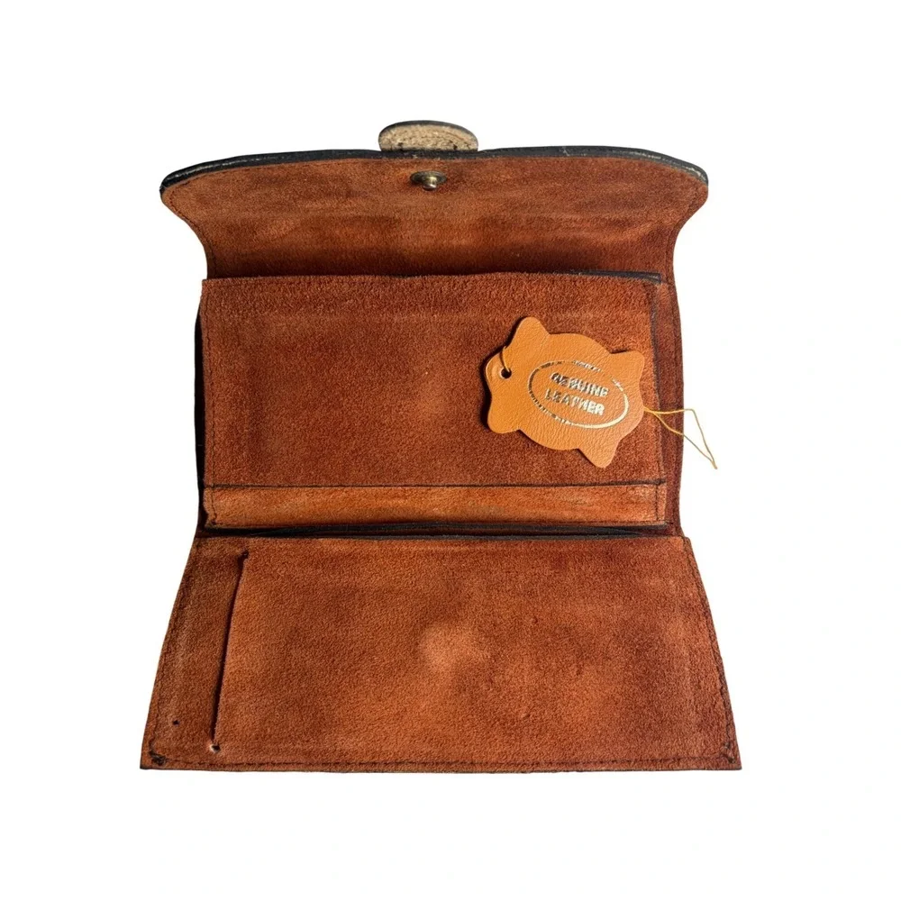 Vintage 70s Tan Genuine Leather Wallet Clutch Boho Western Pebble‎ Grain Tan